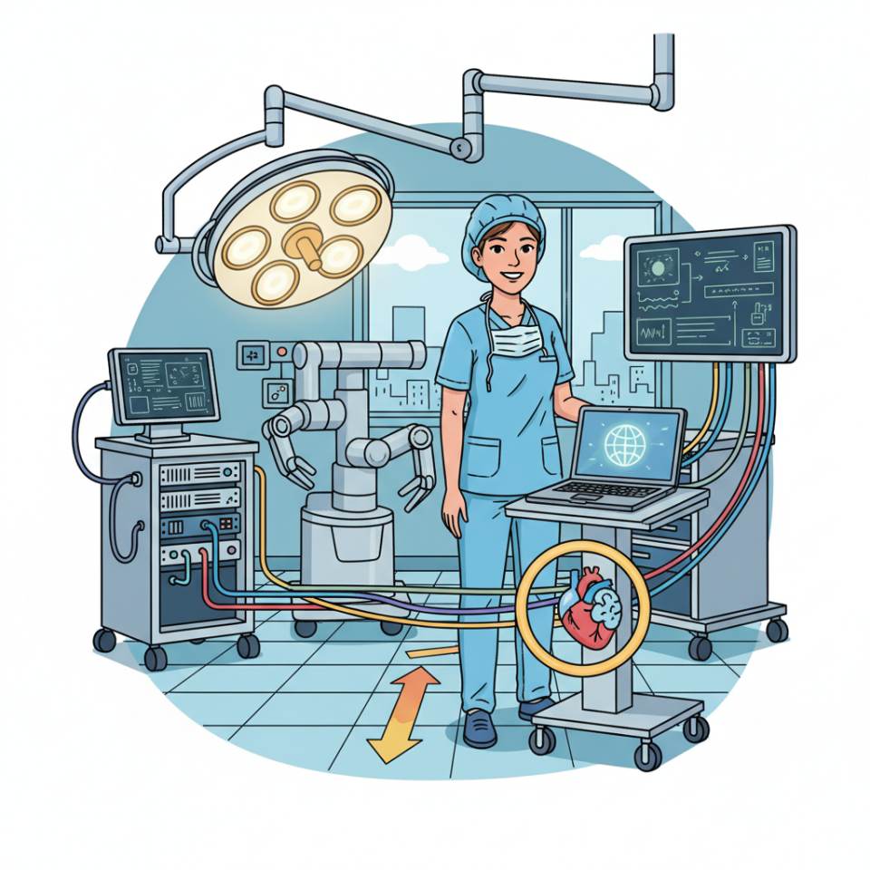Comic-Darstellung einer Operationstechnischen Assistenz mit sterilem Instrumentiertisch im hellen Operationssaal