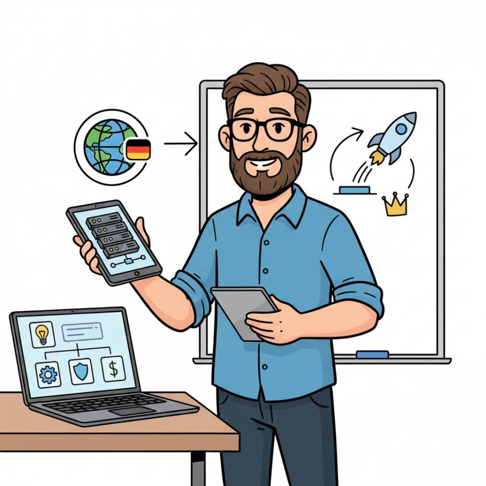 Comic illustration of a product manager with roadmap, laptop, sticky notes and a product prototype at a desk in a team office