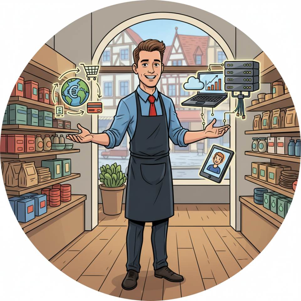 Comic illustration of a salesperson at the till advising a customer in a store