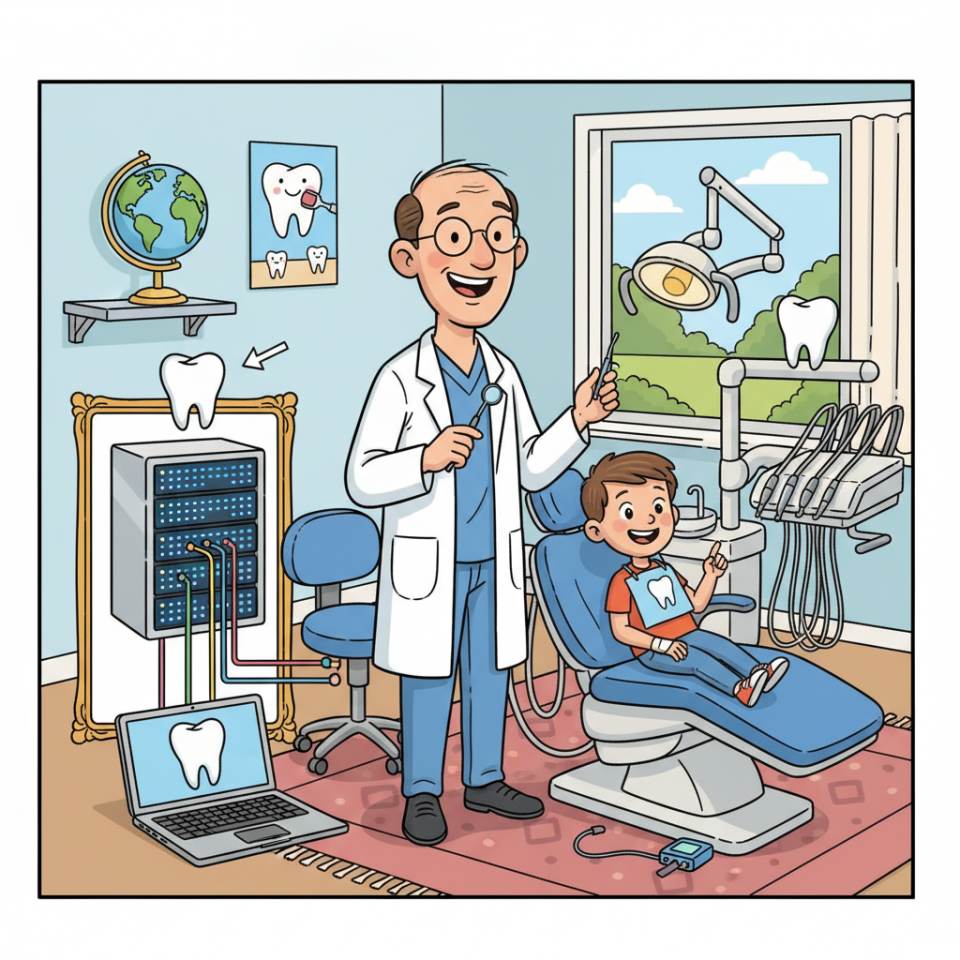 Comic illustration of a dentist with a mouth mirror and drill at the treatment chair in a bright practice