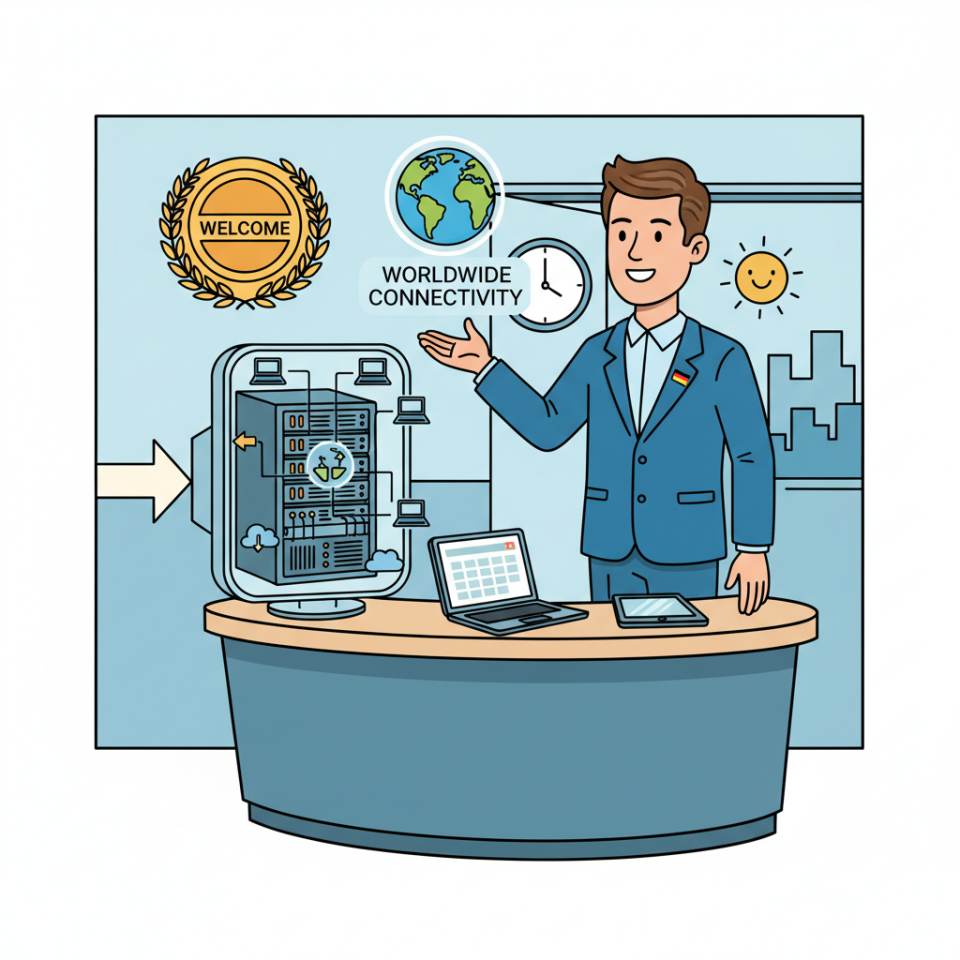 Ilustración tipo cómic de un recepcionista detrás del mostrador con teléfono, ordenador y libro de visitas