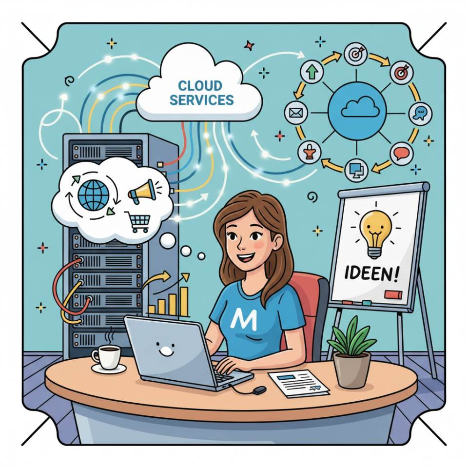 Ilustración tipo cómic de un especialista en marketing con portátil, paneles de campaña e iconos de redes sociales en un escritorio moderno