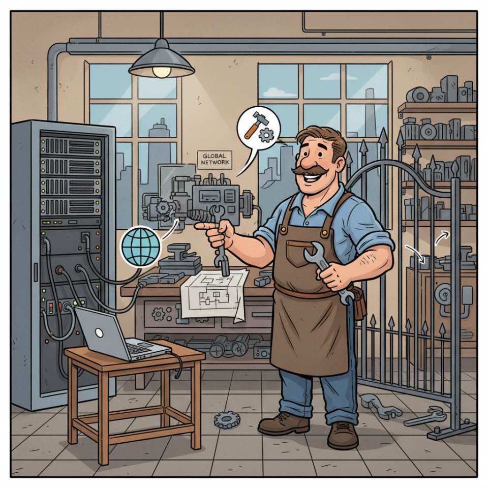 Ilustración tipo cómic de un cerrajero con gafas de protección y herramientas junto a un marco metálico en el taller de cerrajería