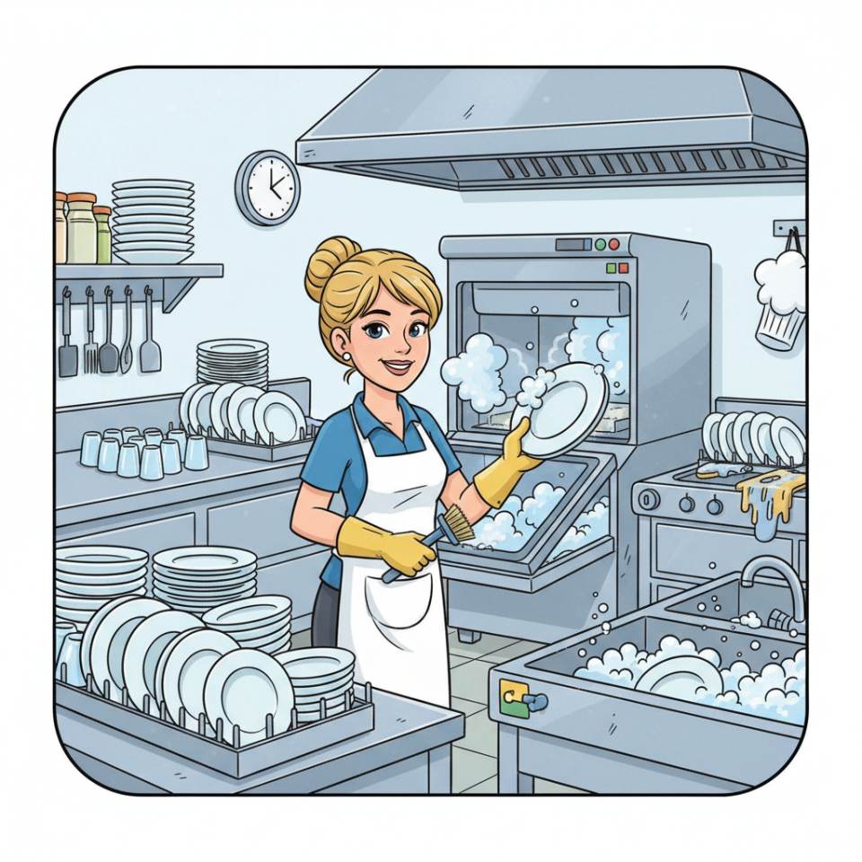 Ilustración cómic de un lavaplatos en el lavavajillas con pilas de vajilla, vasos y utensilios de cocina