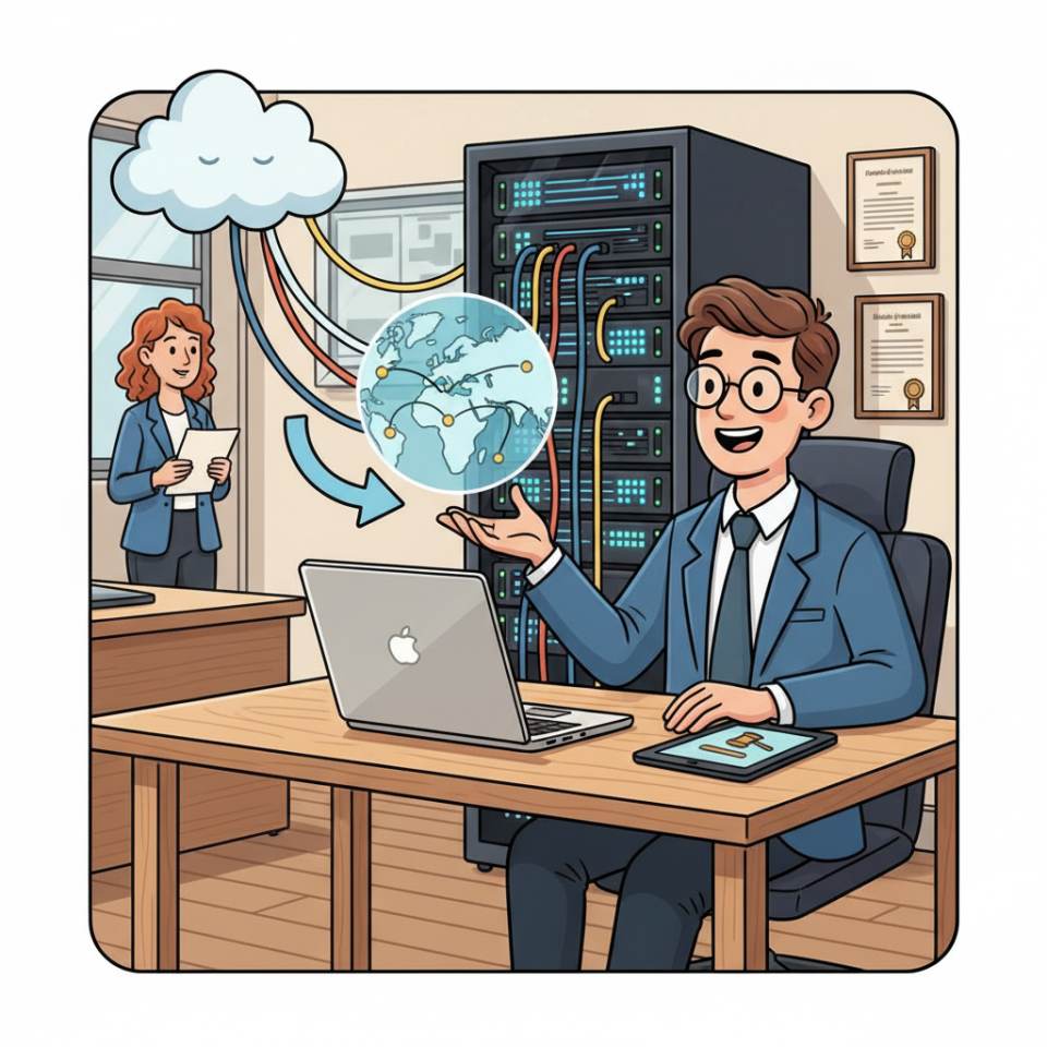 Sınıfta veya mahkemede dosya çantası, ders planı ve seminer materyalleriyle bir referendarın çizgi roman tarzı illüstrasyonu