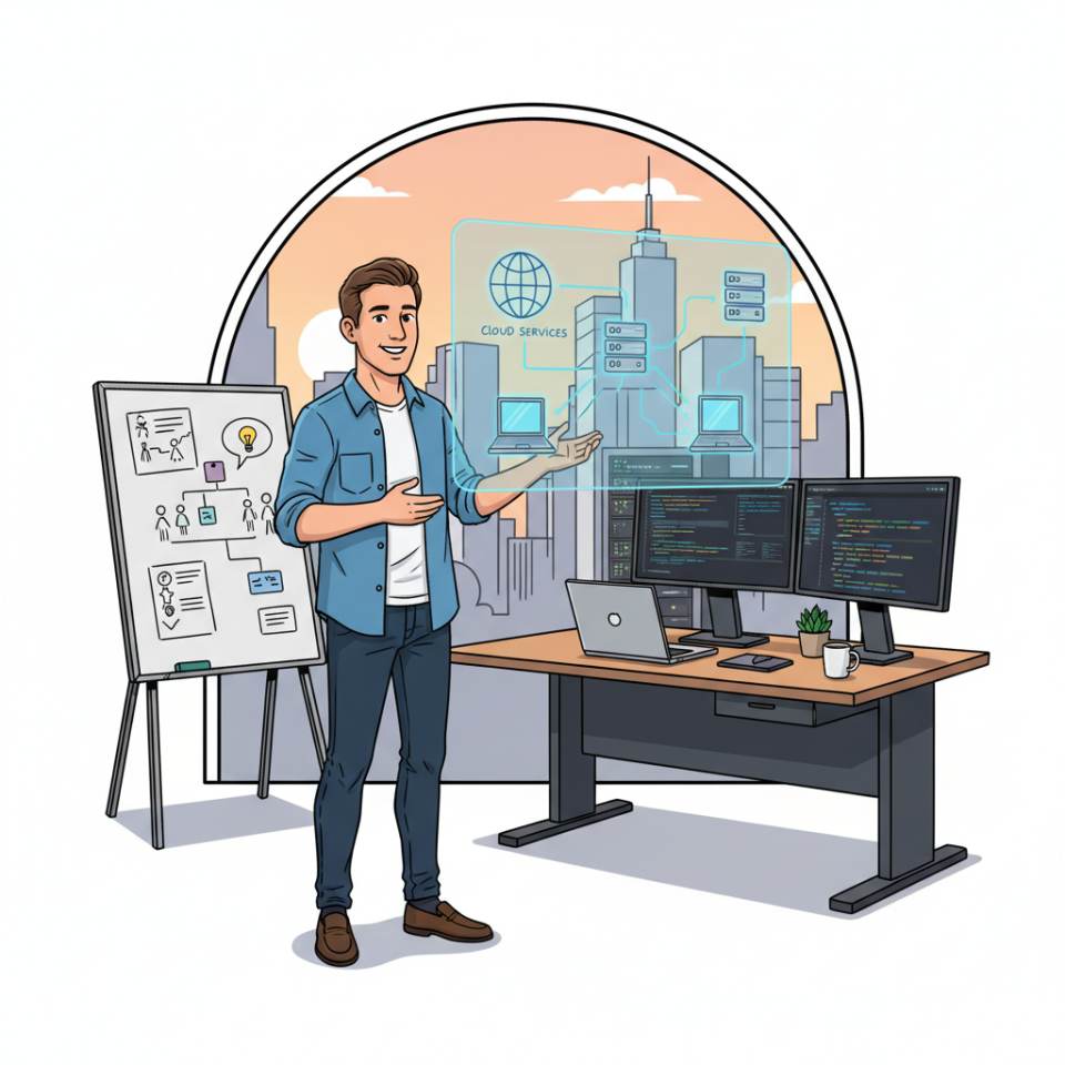Mimari diyagram, bulut simgeleri ve dizüstü bilgisayarla whiteboard başında bir Solution Architect’ın çizgi roman tasviri