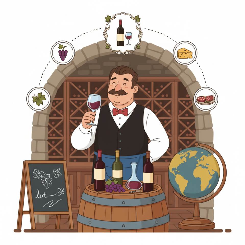 Restoranda şarap mahzeni rafının yanında kadeh ve şarap listesi tutan bir sommelier’in çizgi roman tasviri