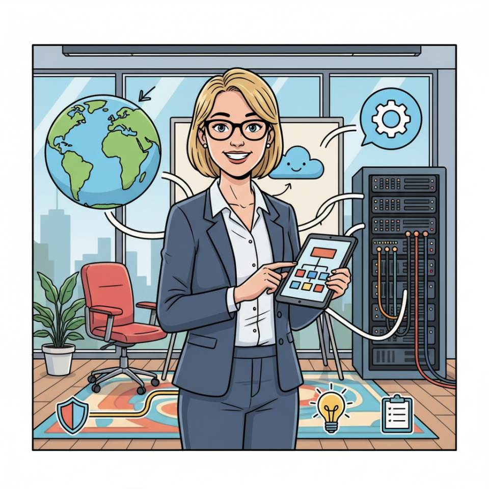 Комікс-ілюстрація асистентки за столом із ноутбуком, календарем, телефоном і впорядкованими документами